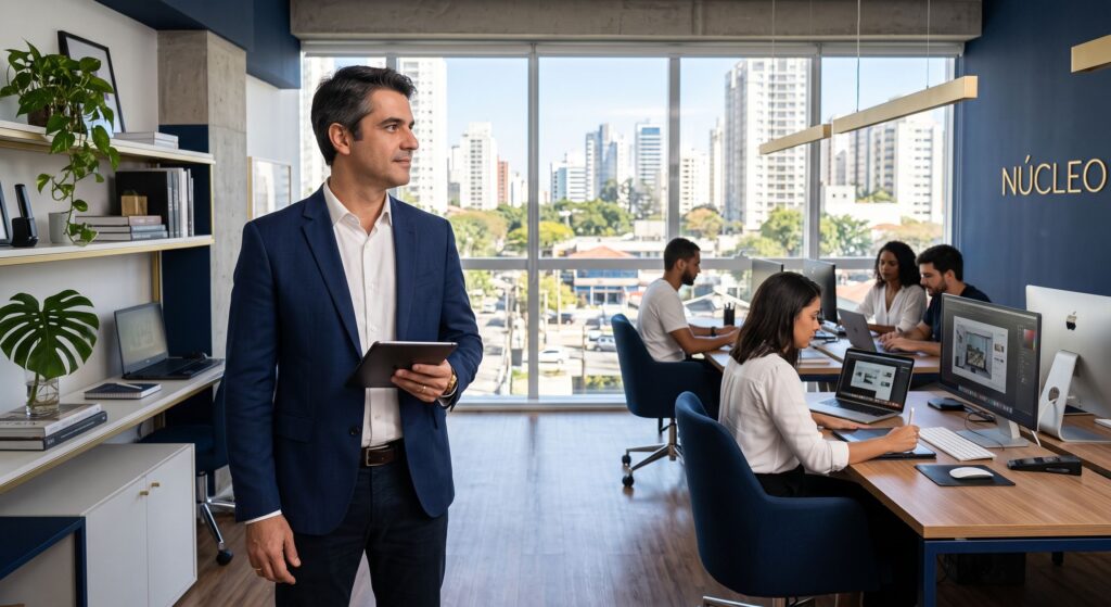 Um homem de terno azul-marinho segurando um tablet em pé em um escritório moderno, com quatro colegas trabalhando em mesas de madeira e laptops ao fundo. Uma grande janela panorâmica revela a paisagem urbana com prédios altos em São Paulo, Brasil. Estantes com plantas decoram o ambiente.