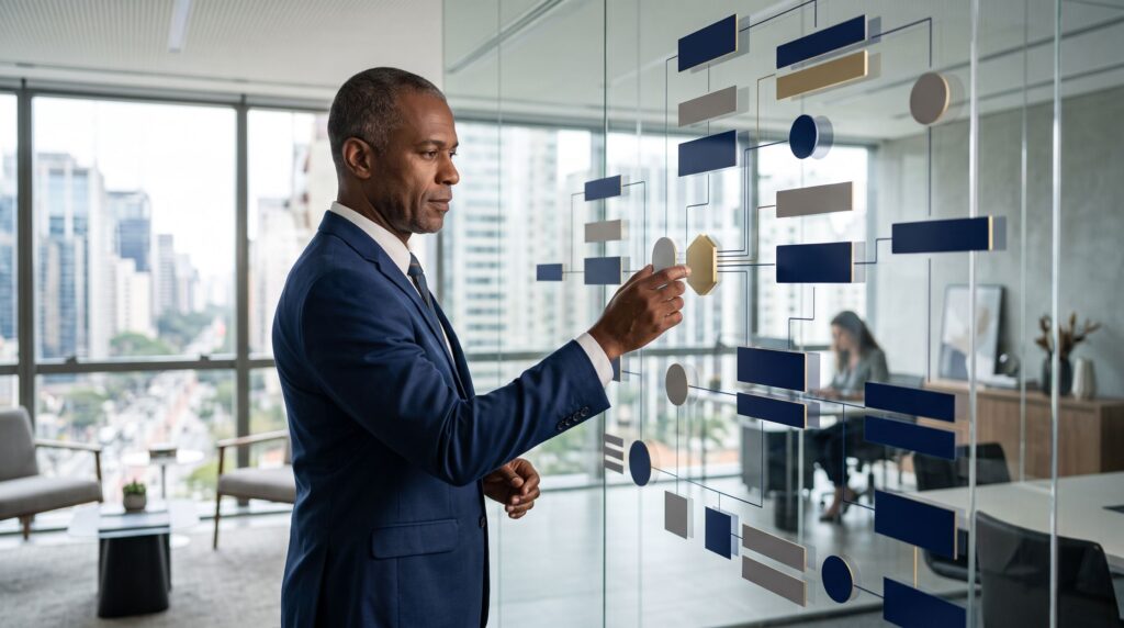 Fotografia de um executivo de terno azul-marinho interagindo com um painel de vidro transparente contendo um fluxograma de blocos geométricos em azul e dourado, em um escritório corporativo iluminado.