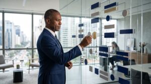 Fotografia de um executivo de terno azul-marinho interagindo com um painel de vidro transparente contendo um fluxograma de blocos geométricos em azul e dourado, em um escritório corporativo iluminado.