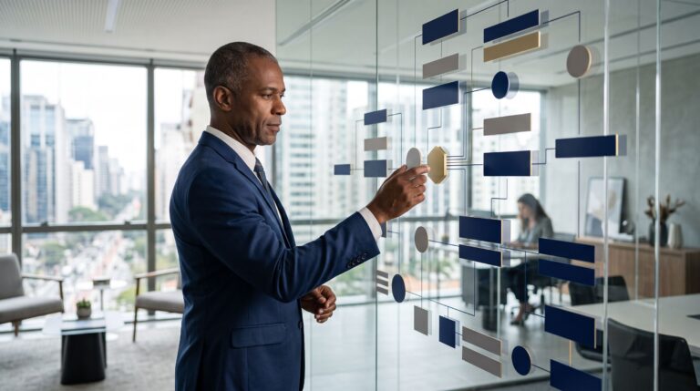 Fotografia de um executivo de terno azul-marinho interagindo com um painel de vidro transparente contendo um fluxograma de blocos geométricos em azul e dourado, em um escritório corporativo iluminado.