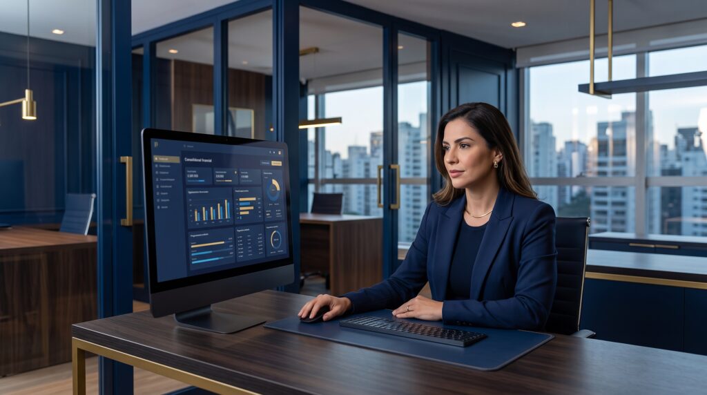 Fotografia de uma executiva de terno azul-marinho sentada à sua mesa, analisando um gráfico abstrato de crescimento em um monitor de computador. O ambiente é um escritório sofisticado em tons de azul-marinho e dourado, com uma equipe trabalhando em uma sala de reuniões envidraçada ao fundo.