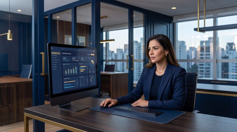 Fotografia de uma executiva de terno azul-marinho sentada à sua mesa, analisando um gráfico abstrato de crescimento em um monitor de computador. O ambiente é um escritório sofisticado em tons de azul-marinho e dourado, com uma equipe trabalhando em uma sala de reuniões envidraçada ao fundo.